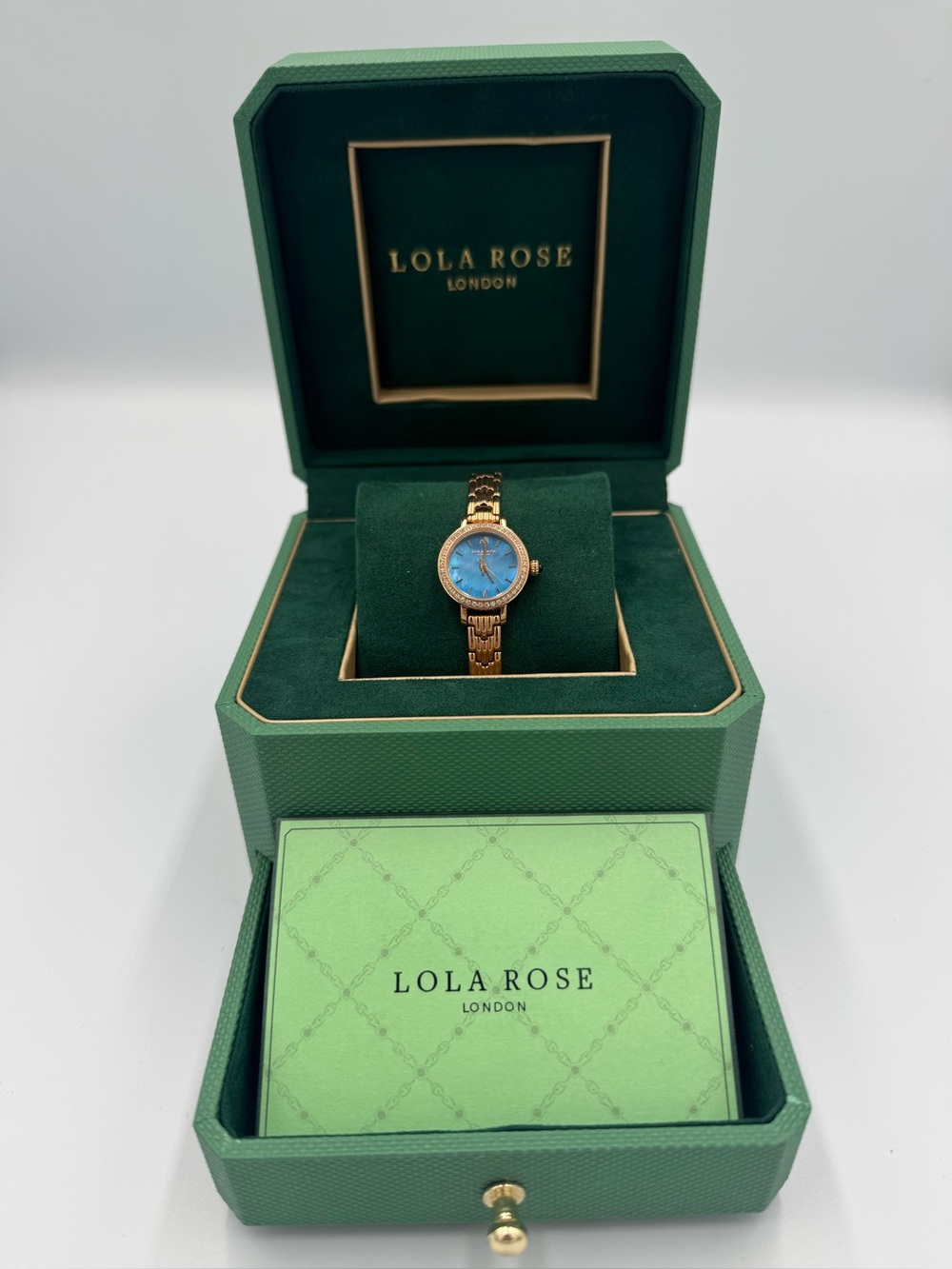 Show-stopper! LOLA ROSE, Rose-gold-tone Bracelet Watch, stunning ocean blue dial